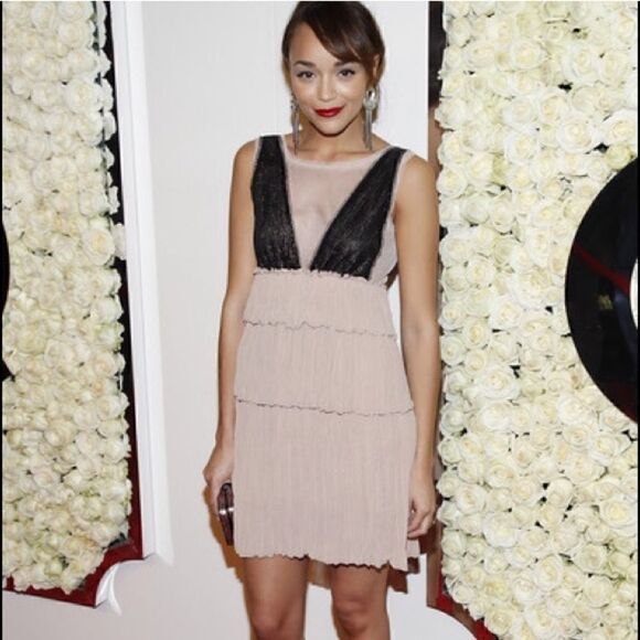 BCBGMAXAZRIA Averil Sequin Pleated Tiered Sleeveless Mesh Mini Dress | SZ L - Picture 3 of 17